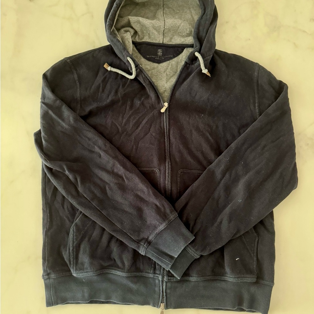 BRUNELLO CUCINELLI NAVY ZIP HOODIE, Size Large